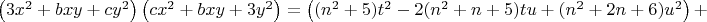 $\left(3x^2+bxy+cy^2\right)\left(c x^2 + bxy + 3y^2\right)= \left((n^2+5)t^2-2(n^2+n+5)tu+(n^2+2n+6)u^2\right)+$