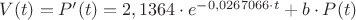$V(t) = P'(t) = 2,1364 \cdot e ^ {- 0,0267066 \cdot  t   } + b \cdot P(t)  $