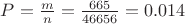 $P=\frac{m}{n}=\frac{665}{46656}= 0.014$