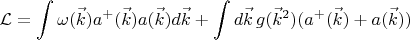 $$\mathcal{L}=\int\limits_{}^{}\omega(\vec{k})a^+(\vec{k})a(\vec{k})d\vec{k}+\int\limits_{}^{}d\vec{k}\,g(\vec{k}^2)(a^+(\vec{k})+a(\vec{k}))$$