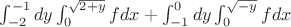 $\int^{-1}_{-2}{dy} \int^{\sqrt{2+y}}_0{f dx}+\int^{0}_{-1}{dy} \int^{\sqrt{-y}}_{0}{f dx}$
