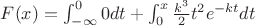 $F(x)=\int_{-\infty}^0 0dt+\int_0^x \frac {k^3}{2}t^2 e^{-kt} dt$