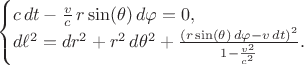 $$
\begin{cases}
c \, dt - \frac{v}{c} \, r \sin(\theta) \, d\varphi = 0, \\
d \ell^2 = dr^2 + r^2 \, d\theta^2 + \frac{ \left( r \sin(\theta) \, d\varphi - v \, dt \right)^2 }{1 - \frac{v^2}{c^2}}.
\end{cases}
$$
