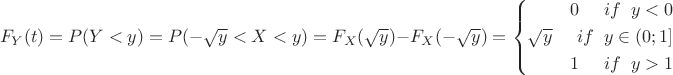 $$F_Y(t)=P(Y<y)=P(-\sqrt{y}<X<\sqty{y})=F_X(\sqrt{y})-F_X(-\sqrt{y})=\left\{\!\begin{aligned} 0\;\;\;\;\;if\;\;y <0\\ \sqrt{y}\;\;\;\;\;if\;\;y\in(0;1]  \\ 1 \;\;\;\;\;if\;\;y>1  \end{aligned}\right.$$