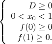 $\left\{
\begin{array}{rcl}
D\ge0\\
0<x_0<1\\
f(0) \ge 0\\
f(1) \ge 0.
\end{array}
\right.$
