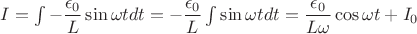 $I=\int -\dfrac{\epsilon_0}{L}\sin \omega t dt = -\dfrac{\epsilon_0}{L}\int \sin \omega t dt=
\dfrac{\epsilon_0}{L\omega}\cos \omega t + I_0$