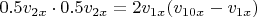 $0.5v_{2x} \cdot 0.5v_{2x} = 2v_{1x}(v_{10x} - v_{1x})$