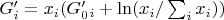 $G'_i = x_i (G'_0_i + \ln (x_i/\sum_i x_i))$