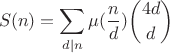 $$S(n)=\sum_{d|n}\mu(\frac{n}{d})\binom{4d}{d}$$