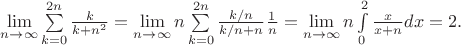 $\lim\limits_{n \to \infty} \sum\limits_{k=0}^{2n} \frac k {k +n^2} = \lim\limits_{n \to \infty} n \sum\limits_{k=0}^{2n} \frac {k/n} {k/n +n} \frac 1 n = \lim\limits_{n \to \infty} n \int\limits_0^2 \frac x {x+n} dx = 2.$