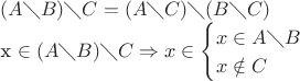 $(A \diagdown B) \diagdown C=(A \diagdown C) \diagdown (B \diagdown C) 


 x \in (A \diagdown B) \diagdown C \Rightarrow x \in 
\begin{cases}
x \in A \diagdown B\\
x \notin C
\end{cases} $