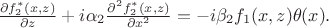 $
\[
\frac{\partial{}f_2^*(x,z)}{\partial{}z}+i\alpha_2\frac{\partial^2f_2^*(x,z)}{\partial{}x^2}=-i\beta_2f_1(x,z)\theta(x).
\]
$