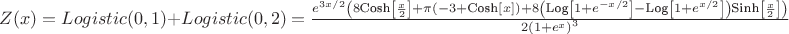 $Z(x) = Logistic(0,1) + Logistic(0,2) = \frac{e^{3 x/2} \left(8 \text{Cosh}\left[\frac{x}{2}\right]+\pi  (-3+\text{Cosh}[x])+8 \left(\text{Log}\left[1+e^{-x/2}\right]-\text{Log}\left[1+e^{x/2}\right]\right) \text{Sinh}\left[\frac{x}{2}\right]\right)}{2 \left(1+e^x\right)^3}$