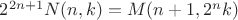 $2^{2n+1} N(n,k) = M(n+1,2^n k)$