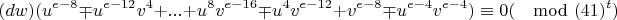 $$(dw)(u^{e-8}\mp u^{e-12}v^4+...+u^8v^{e-16}\mp u^4v^{e-12}+v^{e-8}\mp u^{e-4}v^{e-4})\equiv 0(\mod (41)^t)$$
