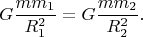 $$G\dfrac{mm_1}{R_1^2}=G\dfrac{mm_2}{R_2^2}.$$