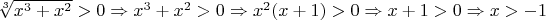 $\sqrt[3]{x^3+x^2}>0 \Rightarrow x^3+x^2>0 \Rightarrow x^2(x+1)>0 \Rightarrow x+1>0 \Rightarrow x>-1$