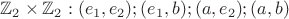 $\mathbb{Z}_2 \times \mathbb{Z}_2  : (e_1, e_2) ; (e_1, b) ; (a,e_2) ; (a,b) $