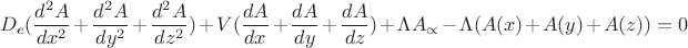 $${D}_{e}(\frac{{d}^{2}A}{d{x}^{2}}+\frac{{d}^{2}A}{d{y}^{2}}+\frac{{d}^{2}A}{d{z}^{2}})+V(\frac{dA}{dx}+\frac{dA}{dy}+\frac{dA}{dz})+\Lambda {A}_{\propto }- \Lambda (A(x)+A(y)+A(z))=0$$