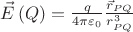$\vec E\left( Q \right) = \frac{q}{{4\pi \varepsilon _0 }}\frac{{\vec r_{PQ} }}{{r_{PQ}^3}}$