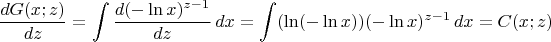 $$\frac{dG(x;z)}{dz}=\int\limits\frac{d(-\ln x)^{z-1}}{dz}\, dx=\int\limits(\ln(-\ln x)) (-\ln x)^{z-1}\, dx=C(x;z)$$