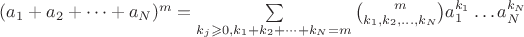 $(a_1+a_2+\cdots +a_N)^m =\sum\limits_{k_j\geqslant 0, k_1+k_2+\cdots+k_N=m} {m \choose k_1, k_2, \ldots, k_N} a_1^{k_1}\ldots a_N^{k_N}$