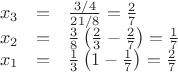 $$\begin{array}{rcl}
x_3&=&\frac{3/4}{21/8}=\frac 2 7\\
x_2&=&\frac 3 8 \left(\frac 2 3 - \frac 2 7\right)=\frac 1 7\\
x_1&=&\frac 1 3 \left(1 - \frac 1 7\right) = \frac 2 7
\end{array}$$