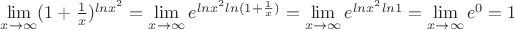 $\lim\limits_{x \to \infty} \(({1}+\frac{1}{x})^{ln x^2} = \lim\limits_{x \to \infty} \(e^{ln x^2 ln ({1}+\frac{1}{x})}=\lim\limits_{x \to \infty} \(e^{ln x^2 ln 1}=\lim\limits_{x \to \infty} \(e^{0}= 1$