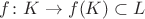 $f\colon K\to f(K)\subset L$