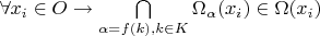 $\forall x_i \in O \to \bigcap\limits_{\alpha = f(k), k \in K}^{}\Omega_\alpha(x_i) \in \Omega(x_i)$