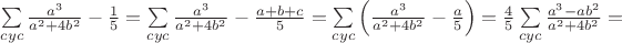 $\sum\limits_{cyc}\frac{a^3}{a^2+4b^2}-\frac{1}{5}=\sum\limits_{cyc}\frac{a^3}{a^2+4b^2}-\frac{a+b+c}{5}=\sum\limits_{cyc}\left(\frac{a^3}{a^2+4b^2}-\frac{a}{5}\right)=\frac{4}{5}\sum\limits_{cyc}\frac{a^3-ab^2}{a^2+4b^2}=$