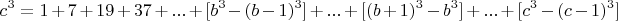 $$c^3=1+7+19+37+...+[b^3-(b-1)^3]+...+[(b+1)^3-b^3]+...+[c^3-(c-1)^3]$$