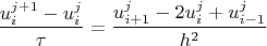 $$
\dfrac{u_{i}^{j+1}-u_{i}^{j}}{\tau}=\dfrac{u_{i+1}^{j}-2u_{i}^{j}+u_{i-1}^{j}}{h^{2}}
$$