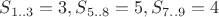 $S_{1..3}=3, S_{5..8}=5, S_{7..9}=4$