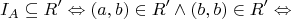 $$
I_A  \subseteq R' \Leftrightarrow (a,b) \in R' \wedge (b,b) \in R' \Leftrightarrow 
$$