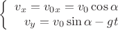 $$\left\{
\begin{array}{rcl}
 v_x=v_{0x}=v_0\cos\alpha\\
 v_y=v_{0}\sin\alpha - gt \\
\end{array}
\right.$$