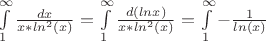 $\int\limits_{1}^{ \infty } \frac{ dx }{ x*ln^2(x)  } = \int\limits_{1}^{ \infty } \frac{ d(ln x) }{ x*ln^2(x)  } = \int\limits_{1}^{ \infty } -\frac{1  }{ln(x)  }$