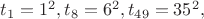 $t_1=1^2,t_8=6^2,t_{49}=35^2,$ $t_1=1^2,t_8=6^2,t_{49}=35^2,$