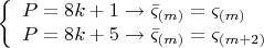 $$ 
\left\{ \begin{array}{l}
 P = 8k + 1 \to \bar \varsigma _{\left( m \right)}  = \varsigma _{\left( m \right)}  \\ 
 P = 8k + 5 \to \bar \varsigma _{\left( m \right)}  = \varsigma _{\left( {m + 2} \right)}  \\ 
 \end{array} \right.
$