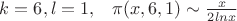 $k=6,\l=1,\;\;\;\pi(x,6,1)\sim\frac{x}{2lnx}$