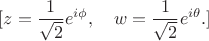 $$[
z = \frac{1}{\sqrt{2}} e^{i\phi}, \quad w = \frac{1}{\sqrt{2}} e^{i\theta}.
]$$