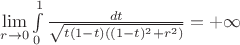$\lim\limits_{r\to0} \int\limits_0^1\frac{dt}{\sqrt{t(1-t)((1-t)^2+r^2)}}=+\infty$