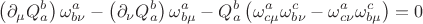 $$
\left( \partial_{\mu} {Q}^{b}_{a} \right) {\omega}^{a}_{b \nu}
- \left( \partial_{\nu} {Q}^{b}_{a} \right) {\omega}^{a}_{b \mu}
- {Q}^{b}_{a} \left( \omega^{a}_{c \mu} \omega^{c}_{b \nu}
-\omega^{a}_{c \nu} \omega^{c}_{b \mu} \right) = 0
$$
