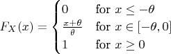 $F_X(x)=\begin{cases}                   0               & \text{for } x \le -\theta \\                   \frac{x+\theta}{\theta} & \text{for } x \in [-\theta,0] \\                   1               & \text{for } x \ge 0                 \end{cases}$