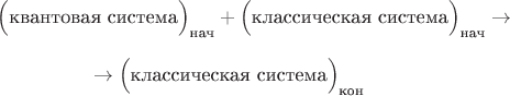 $$\hphantom{{}\to{}}\Bigl(\text{квантовая система}\Bigr)_\text{нач}+\Bigl(\text{классическая система}\Bigr)_\text{нач}\to{}$$
$${}\to\Bigl(\text{классическая система}\Bigr)_\text{кон}\hphantom{{}\to{}}$$