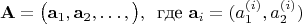 $$
   \mathbf{A} = \big(\mathbf{a}_1,\mathbf{a}_2,\dots, \big),\, \text{ где } \mathbf{a}_i =  (a^{(i)}_1,a^{(i)}_2)
$$