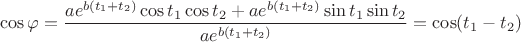 $$\cos \varphi=\dfrac{ae^{b(t_1+t_2)}\cos t_1\cos t_2+ae^{b(t_1+t_2)}\sin t_1\sin t_2}{ae^{b(t_1+t_2)}}=\cos(t_1-t_2)$$