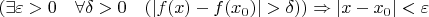 $(\exists\varepsilon>0\quad \forall\delta>0\quad (|f(x) - f(x_{0})|>\delta)) \Rightarrow|x - x_{0}|<\varepsilon$