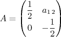 $A=\begin{pmatrix}\dfrac{1}{2} & a_{1\,2}\\
0 & -\dfrac{1}{2}
\end{pmatrix}$