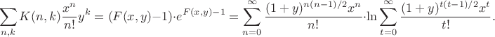 $$\sum_{n,k} K(n,k) \frac{x^n}{n!} y^k = (F(x,y)-1)\cdot e^{F(x,y)-1} = \sum_{n=0}^{\infty} \frac{(1+y)^{n(n-1)/2}x^n}{n!}\cdot \ln \sum_{t=0}^{\infty} \frac{(1+y)^{t(t-1)/2}x^t}{t!}.$$